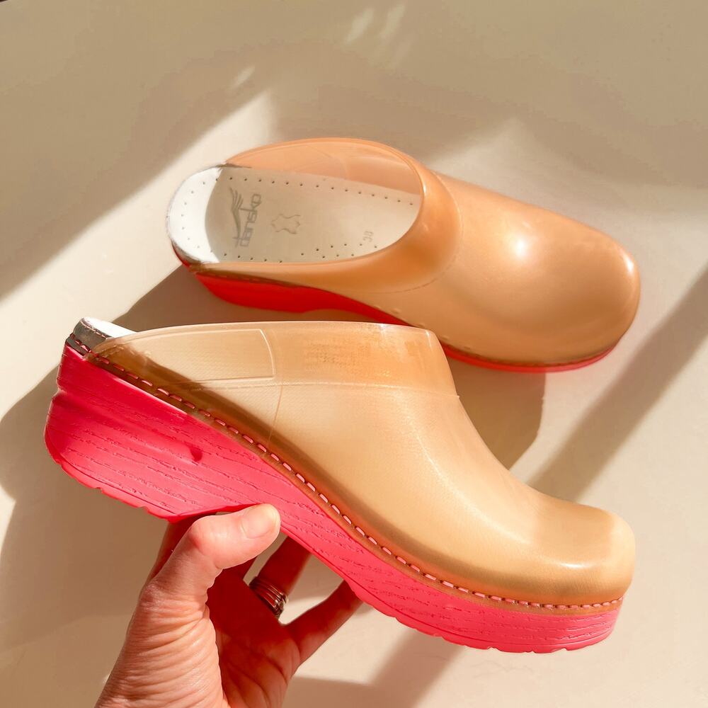 Dansko Sonja Coral Translucent Mule Pink Clog Size 38
